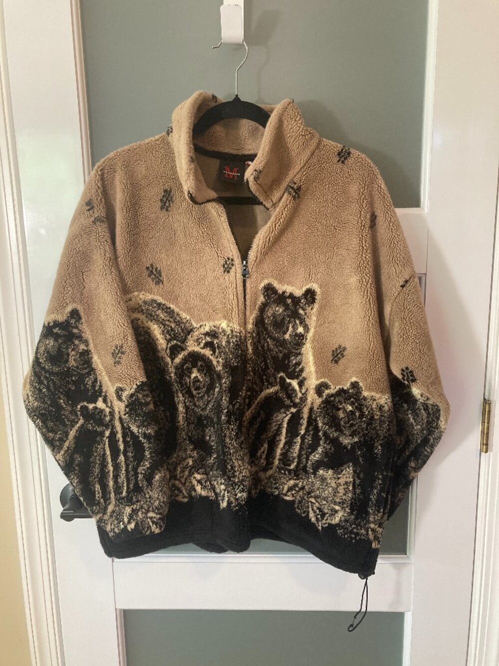 Vintage 90s Mazmania Grizzly Bear Sherpa Fleece Jacket Full Zip All Over Print L